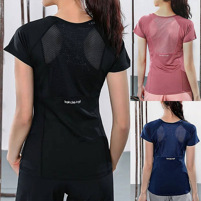 Women Summer T Shirts Slim Fit For Sports Fitness Yoga Short Sleeve Yoga Top Mesh Womens Gym Shirt Sport Wear
