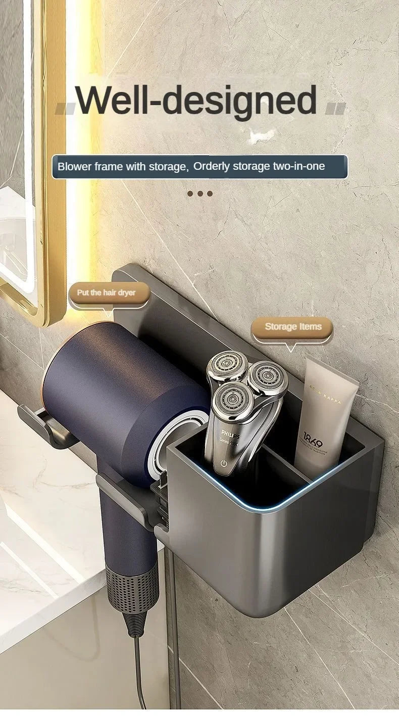 1 Wall Mounted Hair Dryer Bracket Bathroom Shelves Punch-free Drilling Storage Rack Space Saving Care Tools No Punching Air Duct