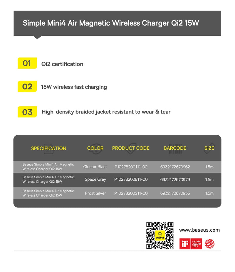Baseus 15W Qi2 Magnetic Wireless Charger Fast Charging For iPhone 15 14 13 12 Series Pro Max  Wireless Charging For Airpods