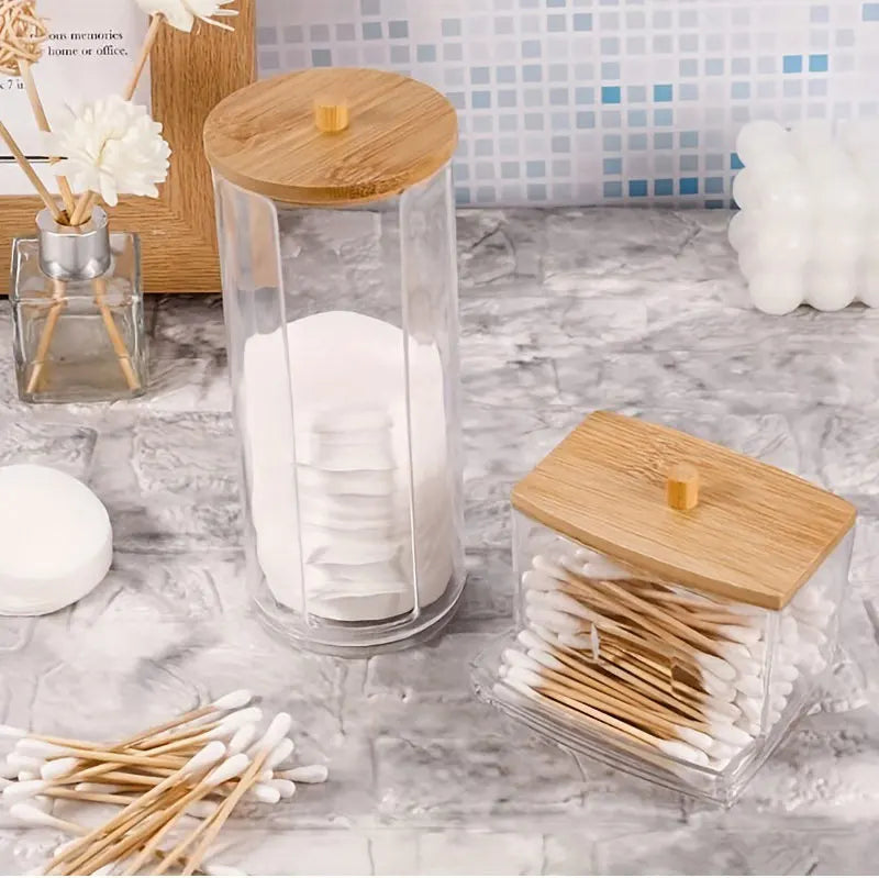 Acrylic Storage Box Bathroom Jar Makeup Organizer Cotton Round Pad Holder Cotton Holder Dispenser with Bamboo Lid Clear Plastic