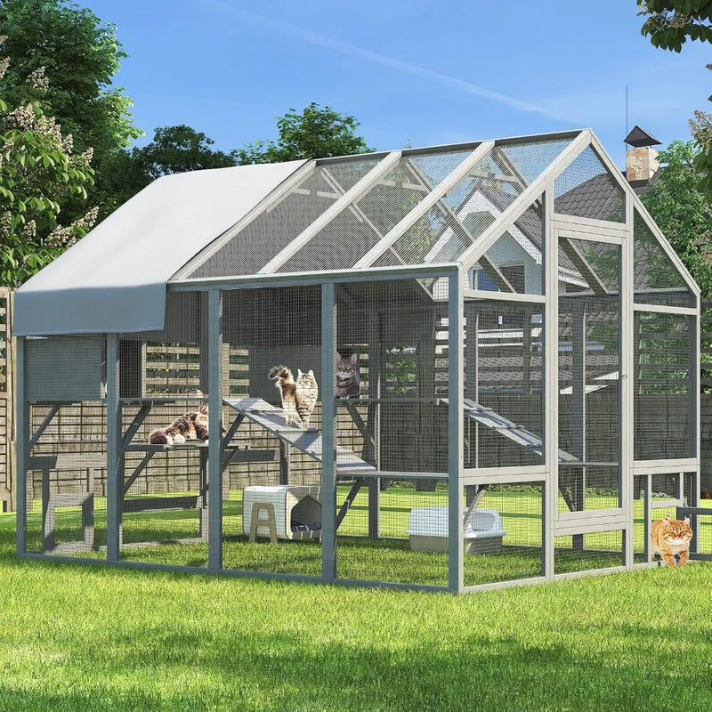 Cat Catio, Large Catio Outdoor Cat Enclosure for Multiple Cats with 7 Platforms, 2 Resting Box and 2 Bridges, Wooden