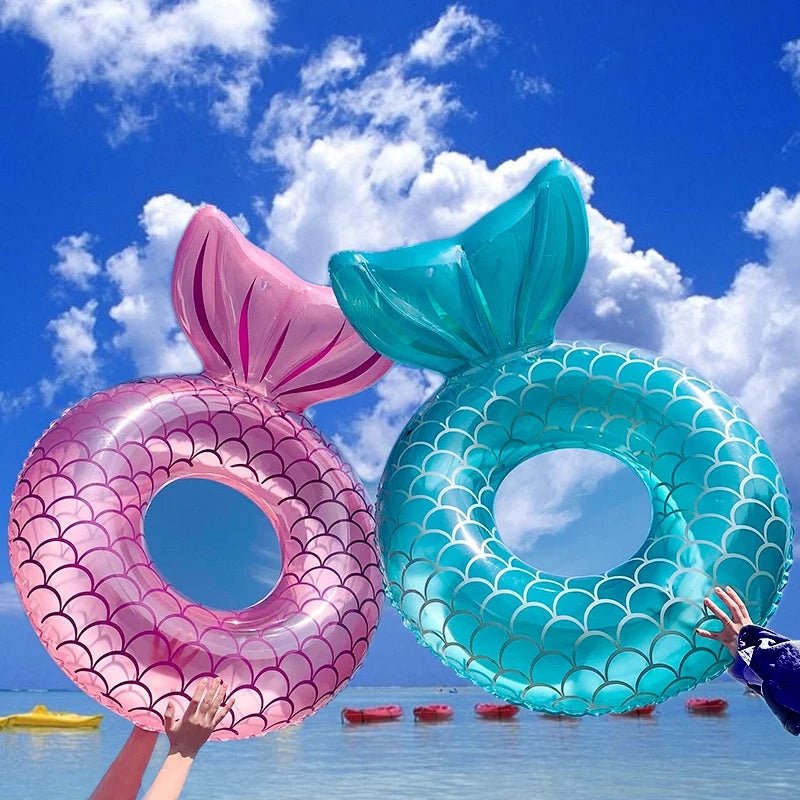 1pc Inflatable Mermaid Swim Ring Fishtail Backrest Transparent Adult Swimming Ring