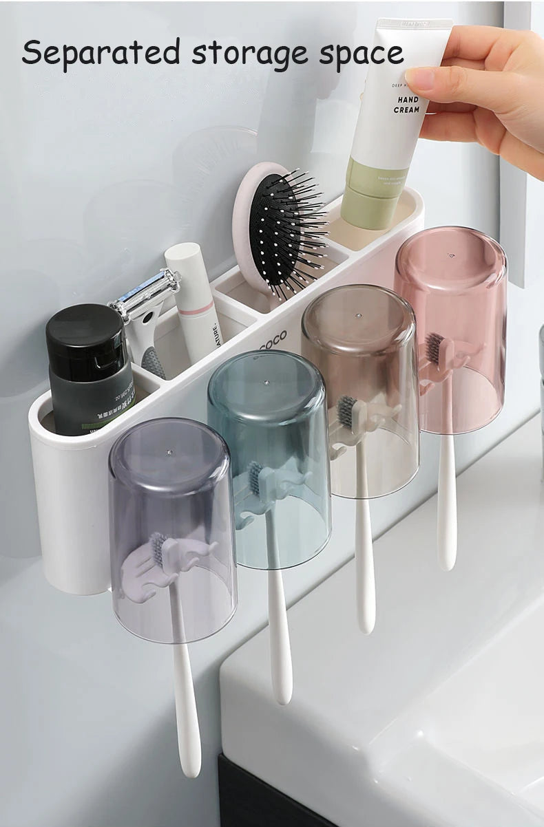ECOCO Bathroom Toothbrush Holder Organizer with Cup Toothpaste Squeezer Dispenser Wall Storage Rack Bathroom Accessories Shelf