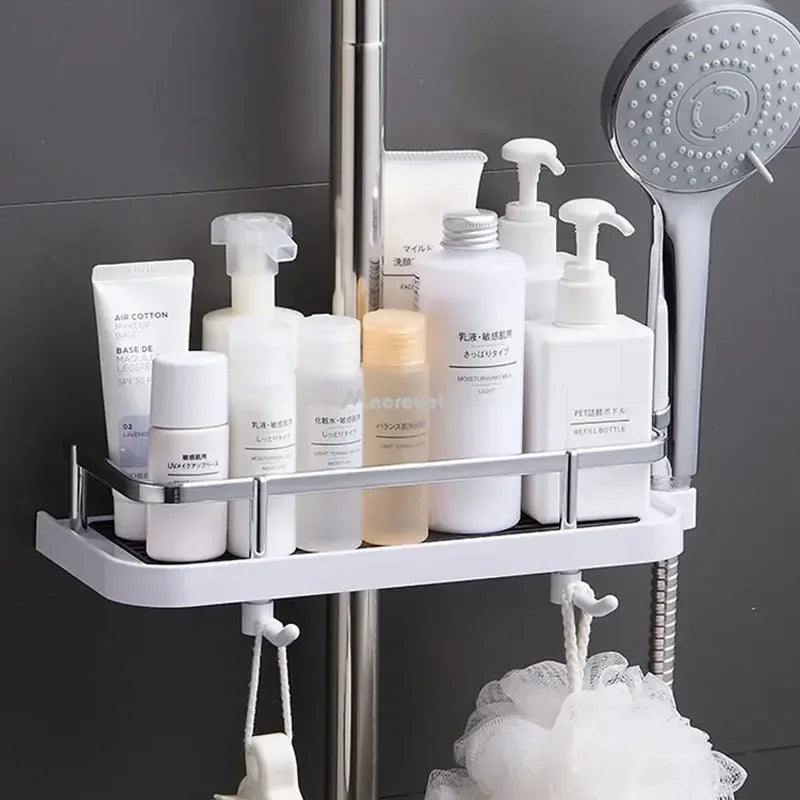 Bathroom Shower Storage Rack Organizer No Drilling Lifting Rod Shower Head Holder Shower Gel Shampoo Tray Holder Pole Shelves