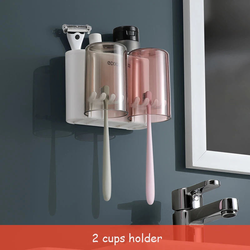 ECOCO Bathroom Toothbrush Holder Organizer with Cup Toothpaste Squeezer Dispenser Wall Storage Rack Bathroom Accessories Shelf