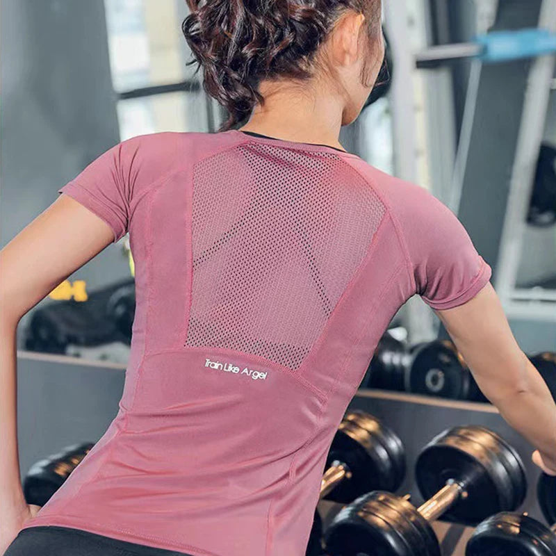 Women Summer T Shirts Slim Fit For Sports Fitness Yoga Short Sleeve Yoga Top Mesh Womens Gym Shirt Sport Wear