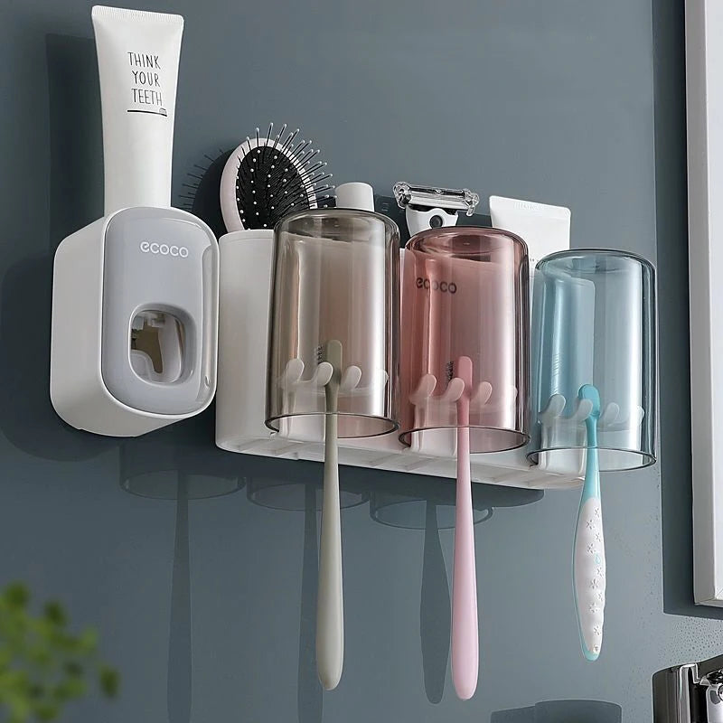 ECOCO Bathroom Toothbrush Holder Organizer with Cup Toothpaste Squeezer Dispenser Wall Storage Rack Bathroom Accessories Shelf