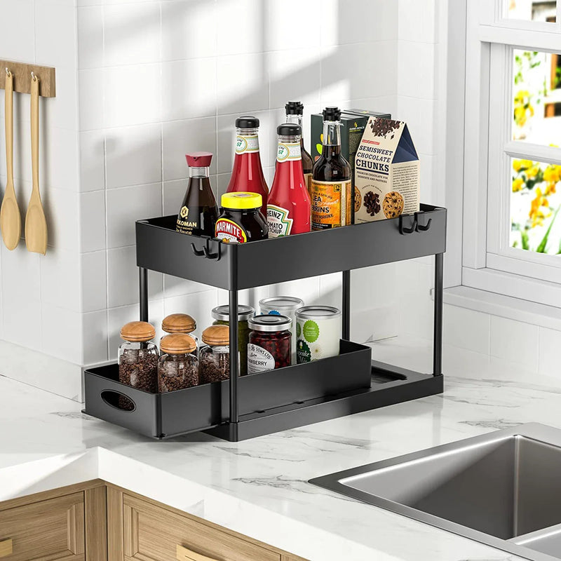 2Packs Under Sink Organizer Sliding Cabinet Basket Organizer Storage Rack with Hooks Hanging Cup Bathroom Kitchen Organizer