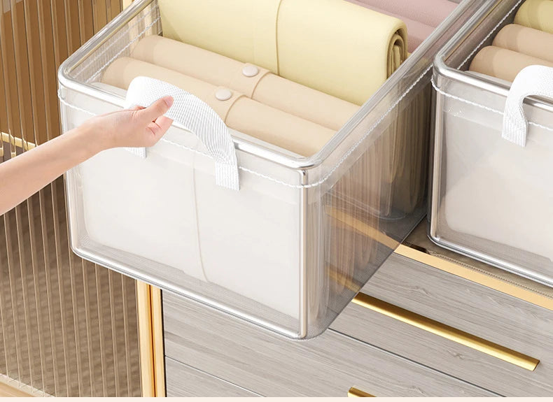 8PCS Storage Box Transparent Foldable Stackable Organizers with Steel Frames and Reinforced Handles for Clothes Books Sundries