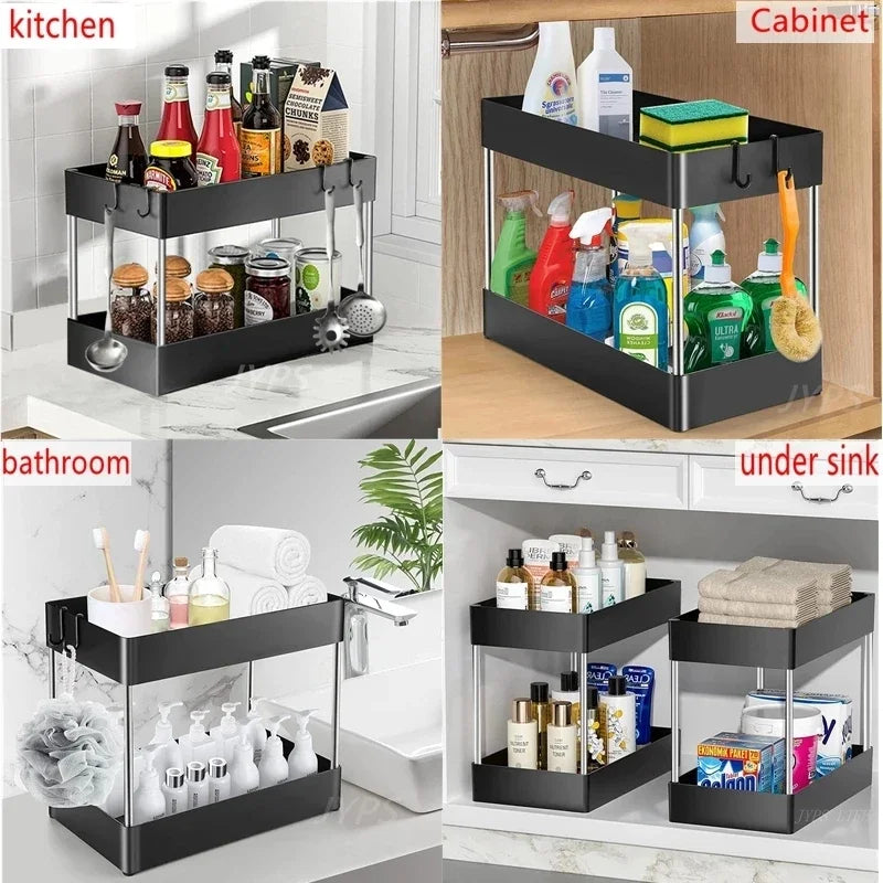 2Packs Under Sink Organizer Sliding Cabinet Basket Organizer Storage Rack with Hooks Hanging Cup Bathroom Kitchen Organizer