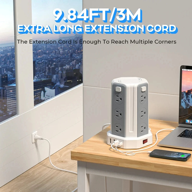 SMALLRT Surge Protector Power Strip Tower with 12 Outlets 4 USB Ports, 10ft Cord Electric Charging Station