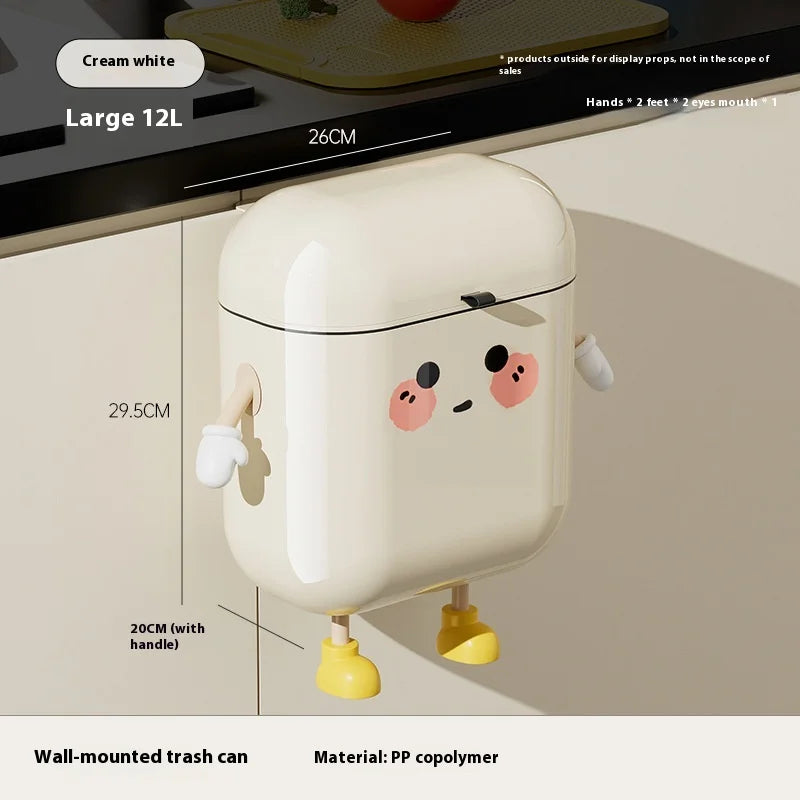 9L/12L Cartoon Hanging Trash Can With Lid Large Capacity No-Drill Wall Mounted Waste Bin Kitchen Bathroom Plastic Includes Hooks