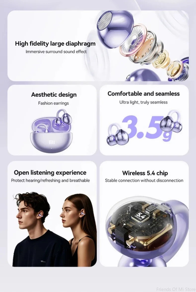 Xiaomi Open Ear Clip Earbuds ENC Wireless Bluetooth5.4 Headphone Noise Cancelling Earphone With Mic For Android iOS