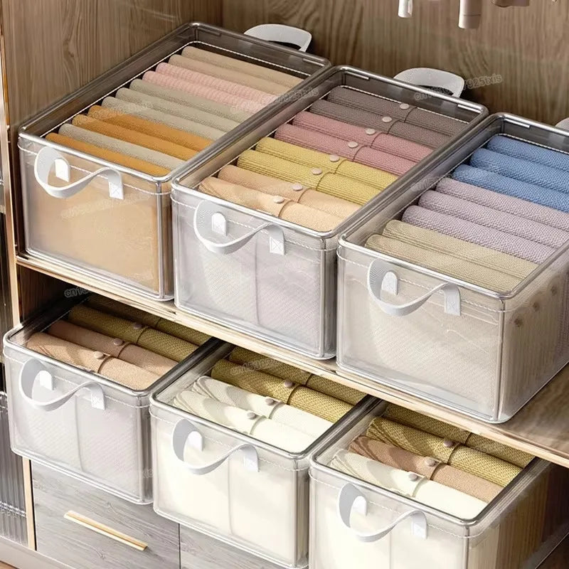 8PCS Storage Box Transparent Foldable Stackable Organizers with Steel Frames and Reinforced Handles for Clothes Books Sundries