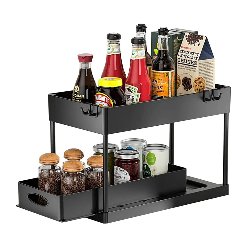 2Packs Under Sink Organizer Sliding Cabinet Basket Organizer Storage Rack with Hooks Hanging Cup Bathroom Kitchen Organizer