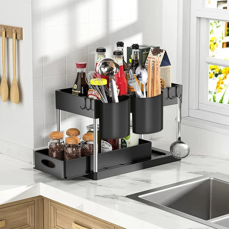2Packs Under Sink Organizer Sliding Cabinet Basket Organizer Storage Rack with Hooks Hanging Cup Bathroom Kitchen Organizer