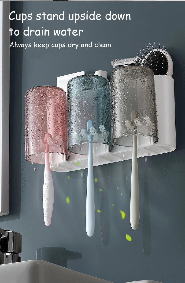 ECOCO Bathroom Toothbrush Holder Organizer with Cup Toothpaste Squeezer Dispenser Wall Storage Rack Bathroom Accessories Shelf