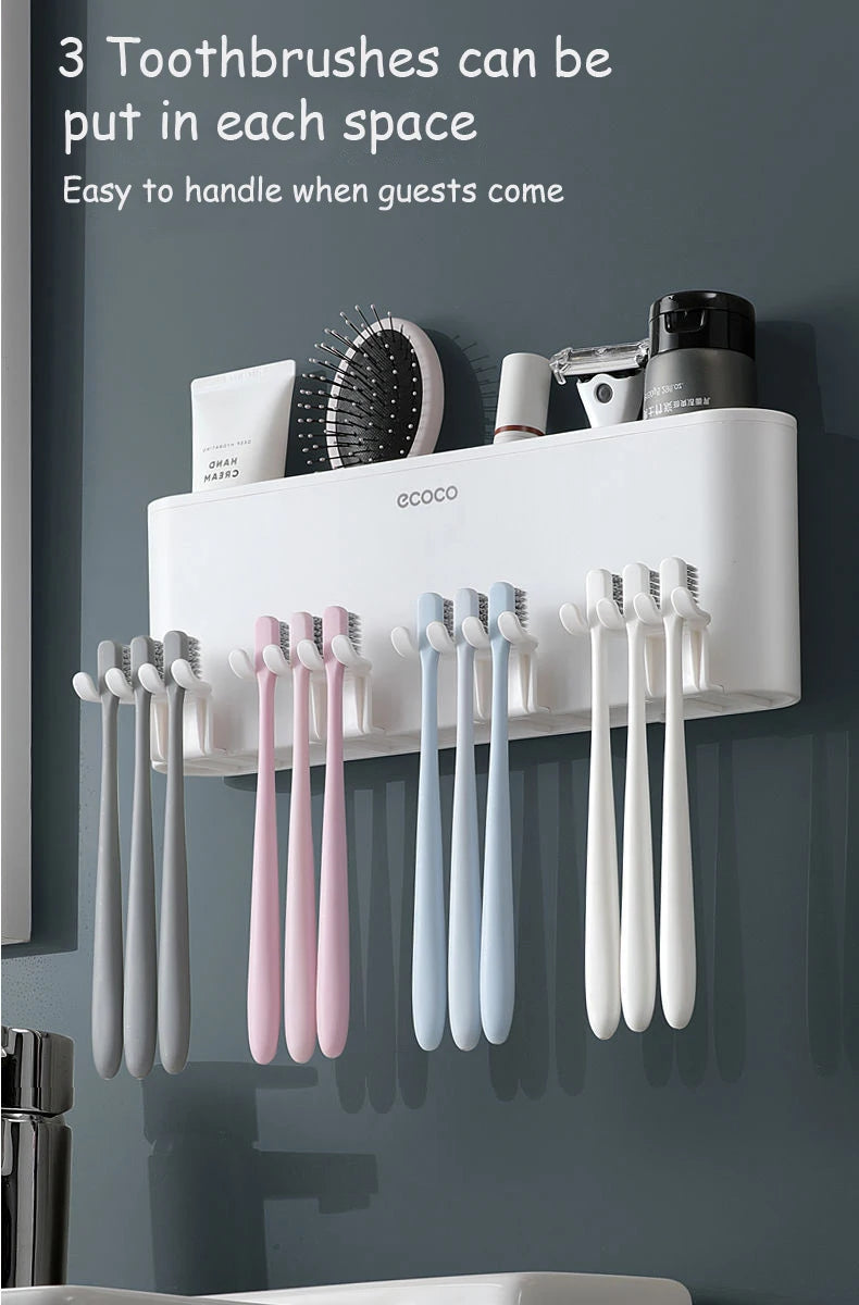 ECOCO Bathroom Toothbrush Holder Organizer with Cup Toothpaste Squeezer Dispenser Wall Storage Rack Bathroom Accessories Shelf