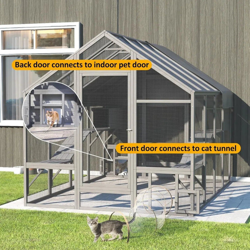 Cat Catio, Large Catio Outdoor Cat Enclosure for Multiple Cats with 7 Platforms, 2 Resting Box and 2 Bridges, Wooden