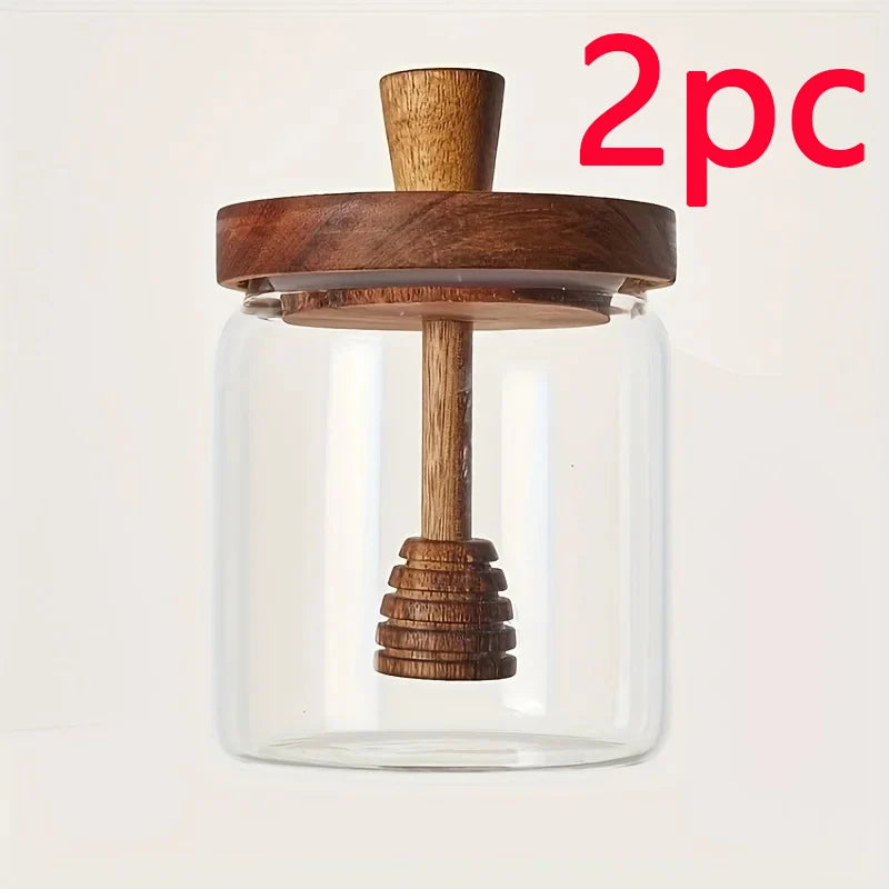 1/2/3pc Glass Honey Jar Honey Pot Airtight Advanced Glass Sealed Tank Mixing Rod with Wooden Cover Transparent Honey Bottle