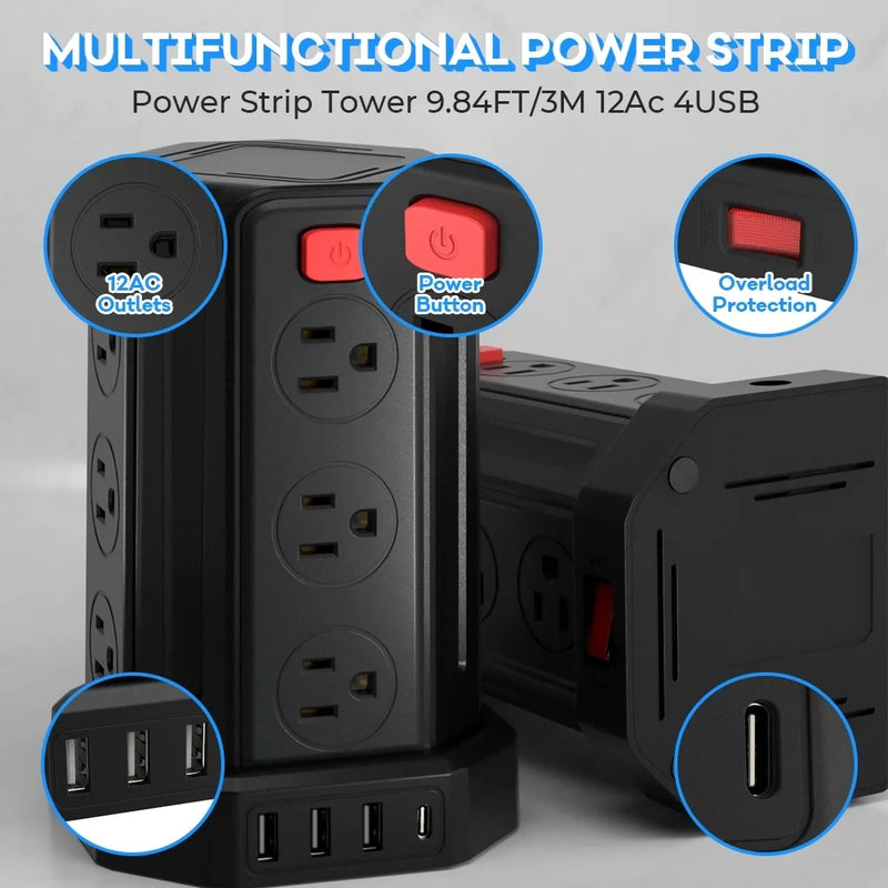 SMALLRT Surge Protector Power Strip Tower with 12 Outlets 4 USB Ports, 10ft Cord Electric Charging Station
