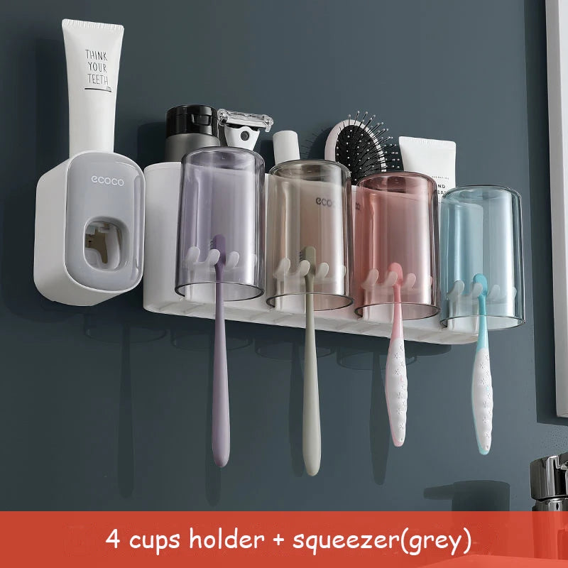 ECOCO Bathroom Toothbrush Holder Organizer with Cup Toothpaste Squeezer Dispenser Wall Storage Rack Bathroom Accessories Shelf