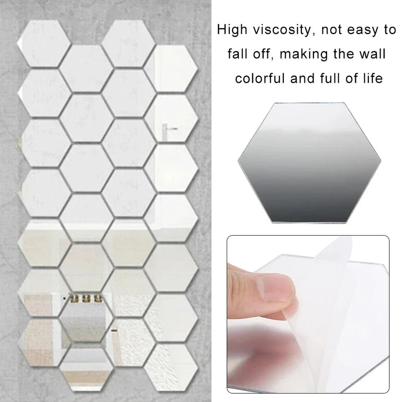 24/6Pc 3D Mini Mirror Wall Stickers Acrylic Self Adhesive Removable Hexagon Wall Decals Living Room Bedroom Art Mirror Ornaments