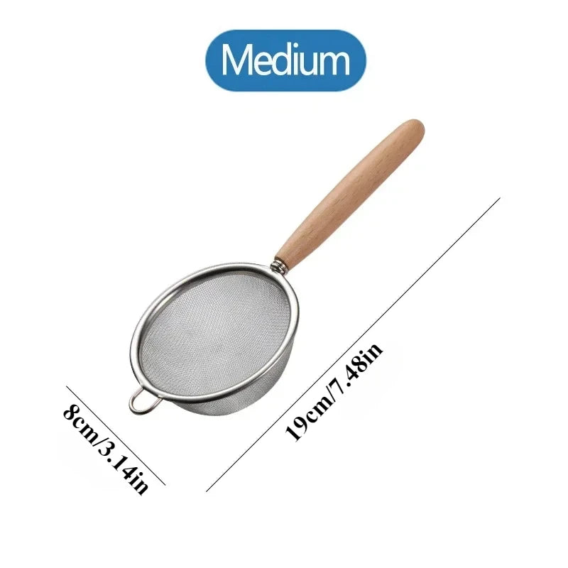 Wooden Handle Stainless Steel Small Colander Fine Mesh Oil Strainer Multi-function Filter Mesh Flour Sifter Kitchen Baking Tools