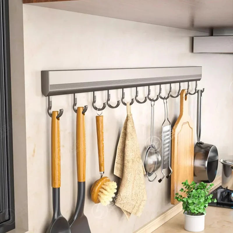 Aluminum Alloy Hooks Rack Wall Mounted Drill-Free Kitchen Utensils Storage Row Hook Holder Bathroom Robe Towel Coat Hangers