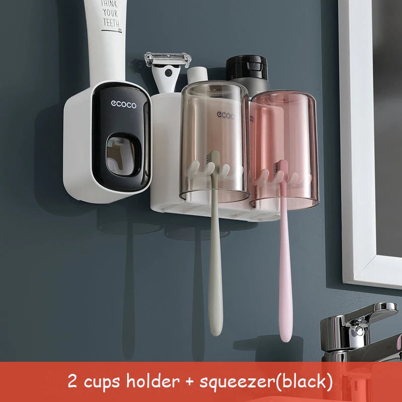 ECOCO Bathroom Toothbrush Holder Organizer with Cup Toothpaste Squeezer Dispenser Wall Storage Rack Bathroom Accessories Shelf