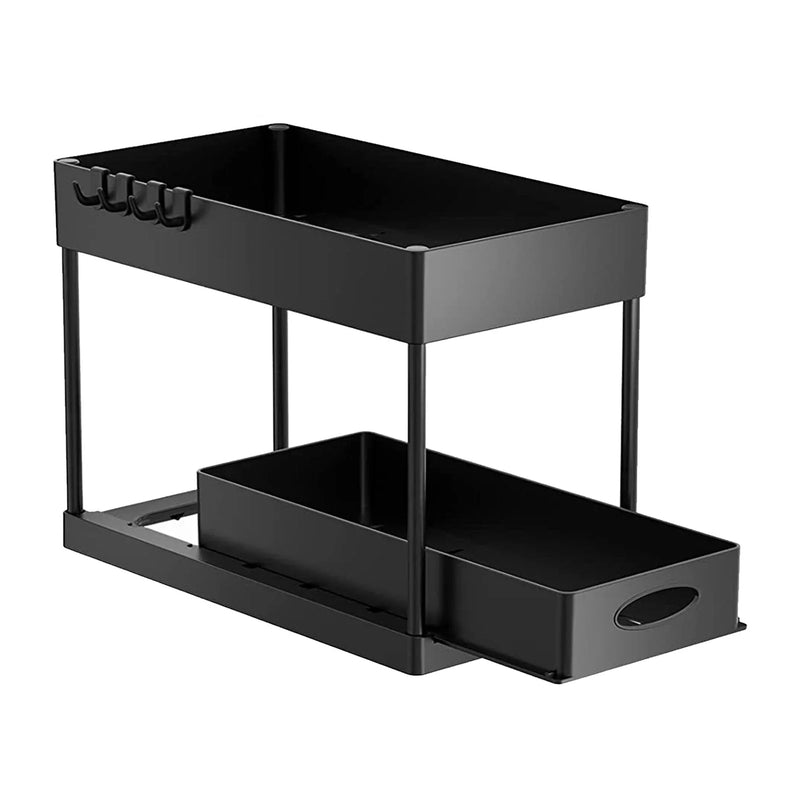 2Packs Under Sink Organizer Sliding Cabinet Basket Organizer Storage Rack with Hooks Hanging Cup Bathroom Kitchen Organizer