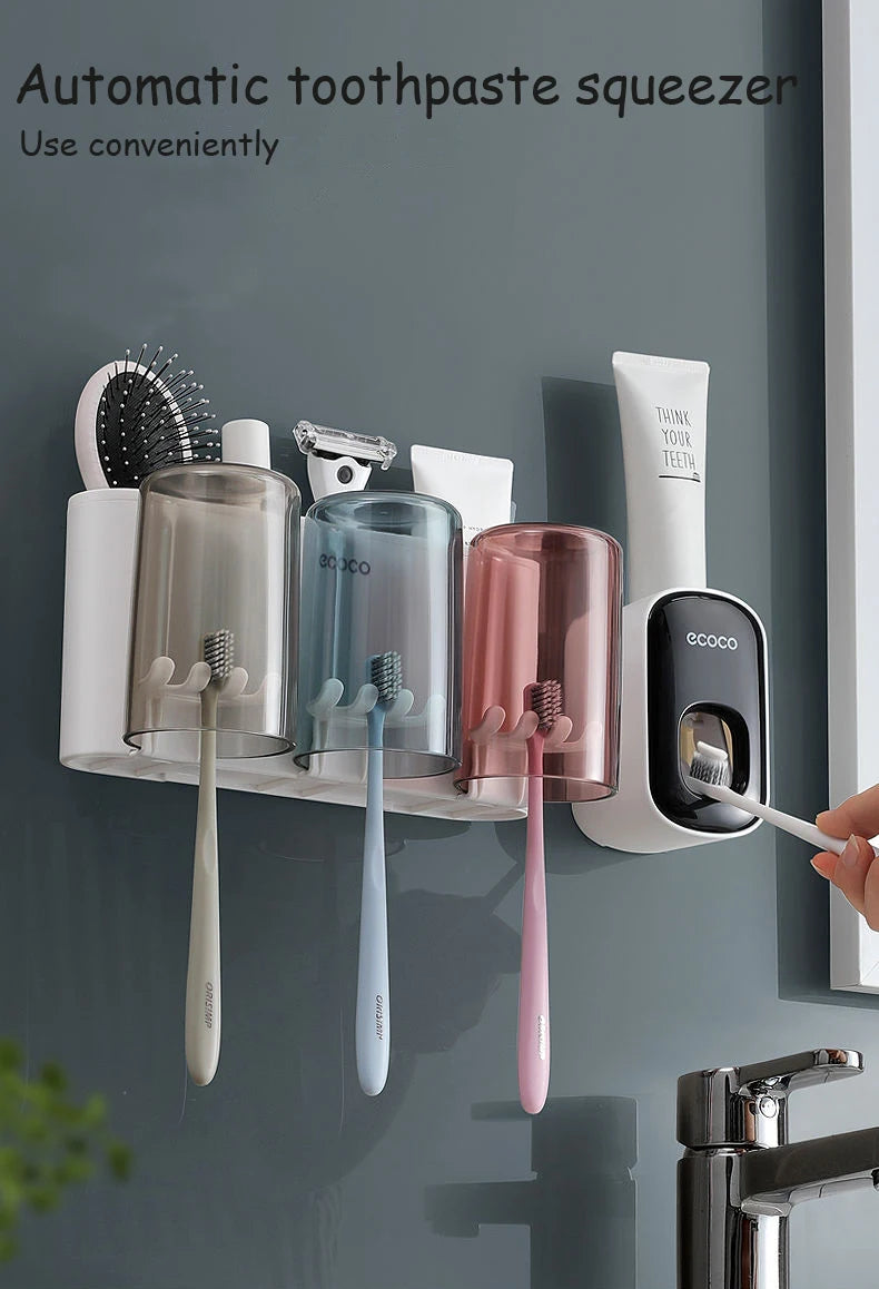 ECOCO Bathroom Toothbrush Holder Organizer with Cup Toothpaste Squeezer Dispenser Wall Storage Rack Bathroom Accessories Shelf