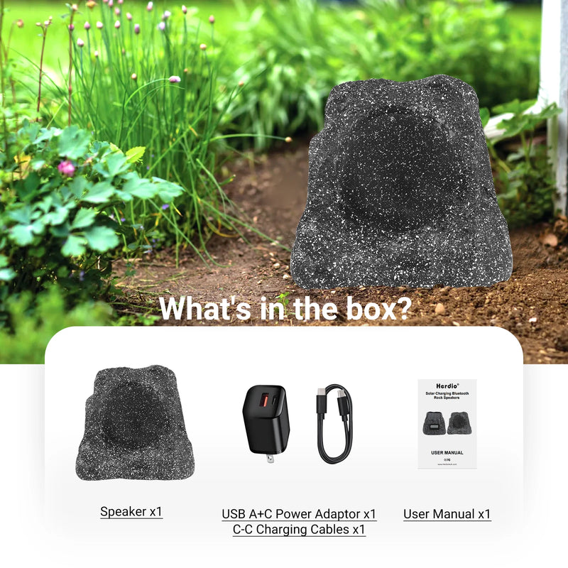 Herdio 8" Rock Speakers Outdoor IPX7 Waterproof Bluetooth Wireless Solar Powered Max 120W With Rechargeable Battery For Garden
