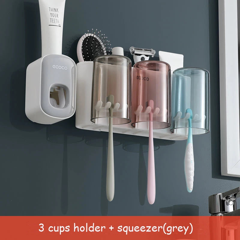 ECOCO Bathroom Toothbrush Holder Organizer with Cup Toothpaste Squeezer Dispenser Wall Storage Rack Bathroom Accessories Shelf