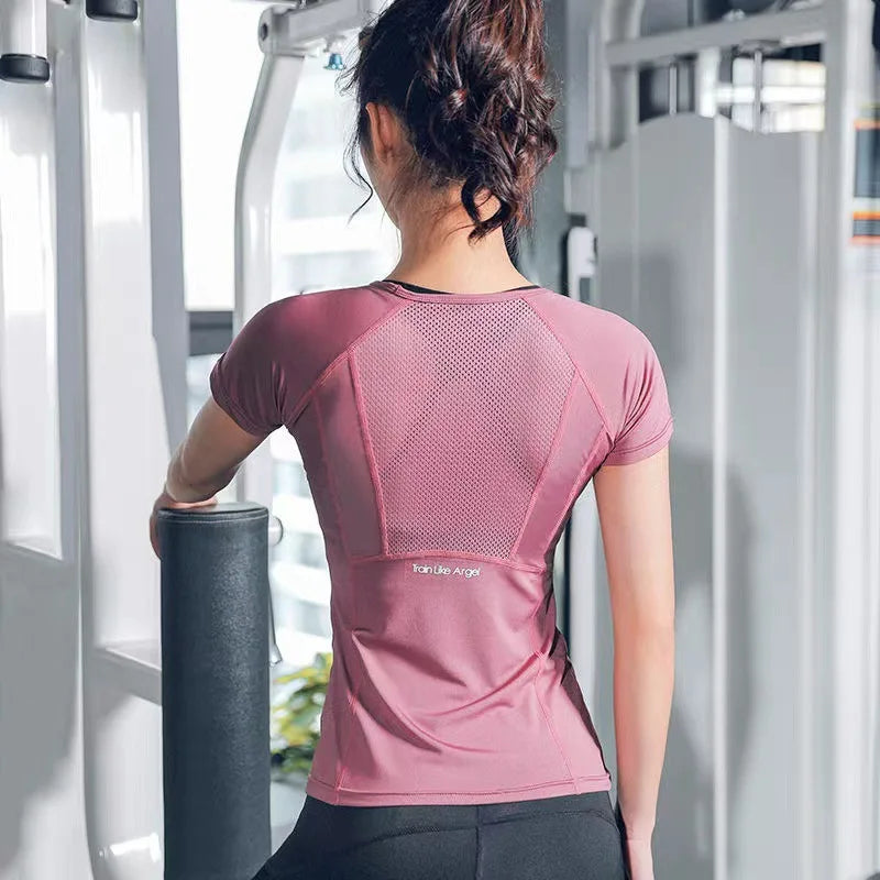 Women Summer T Shirts Slim Fit For Sports Fitness Yoga Short Sleeve Yoga Top Mesh Womens Gym Shirt Sport Wear